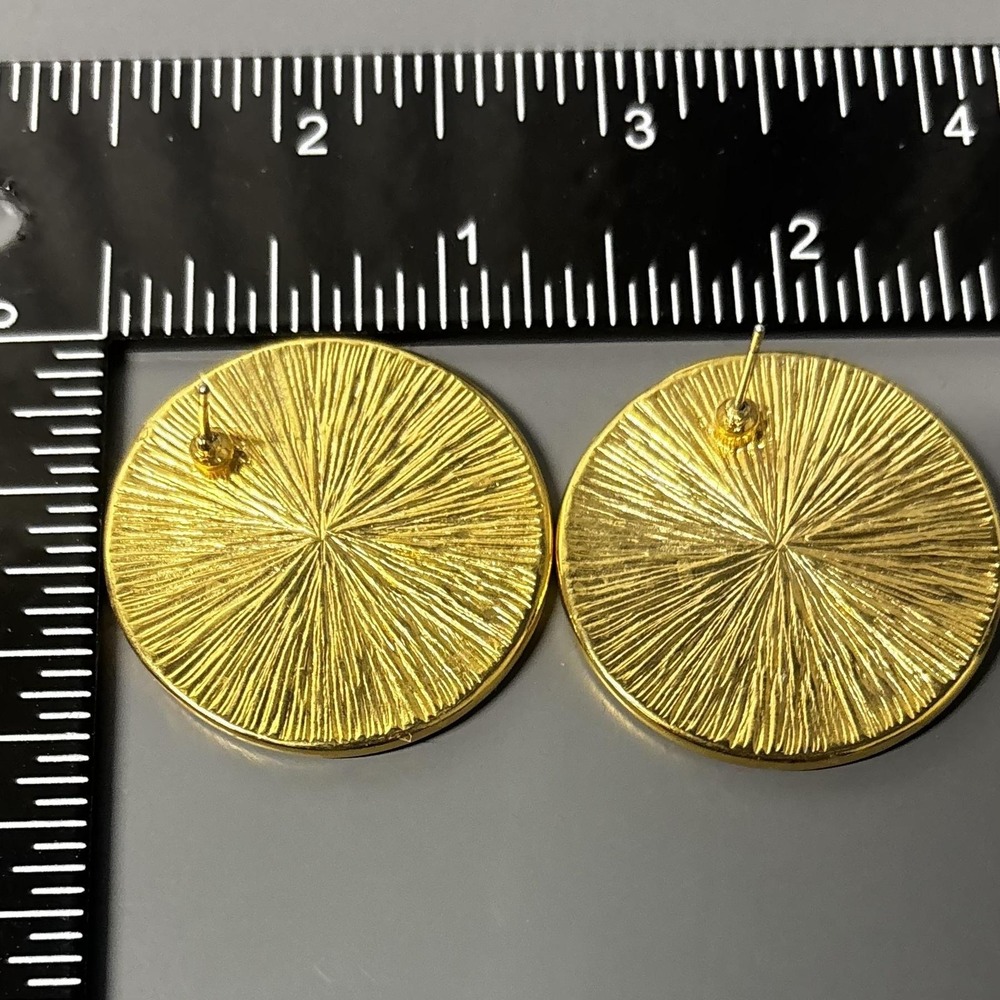 Gold Tone Reversible Round Disc Earrings Purple Floral Enamel Statement Studs - Picture 3 of 9